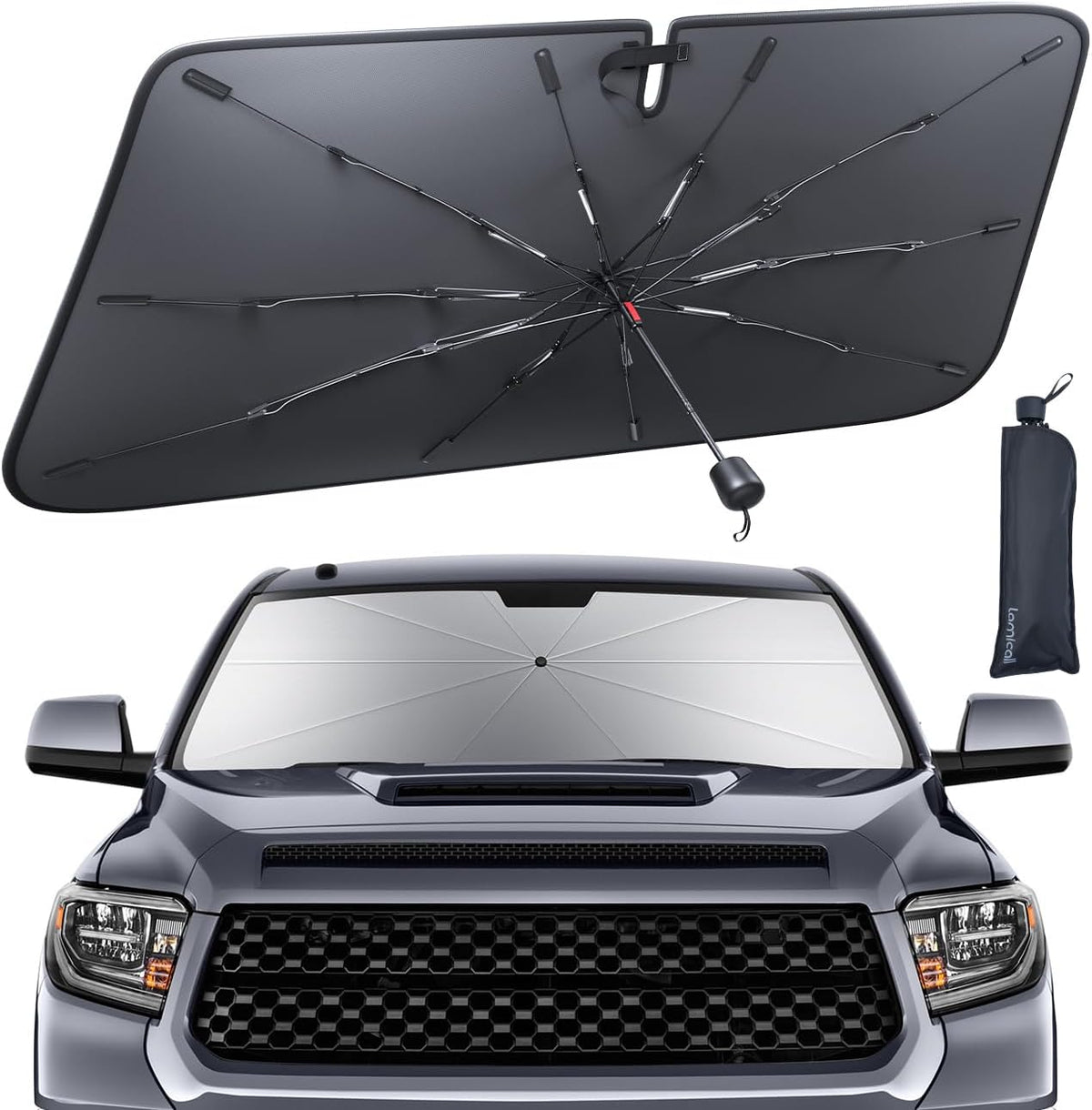 Lamicall Car Windshield Sunshade Umbrella - Foldable Car Windshield Sun Shade Cover, 5 Layers UV Block Coating, 52"x31" Front Window Heat Insulation Protection, for Auto Sedan, SUV Windshield