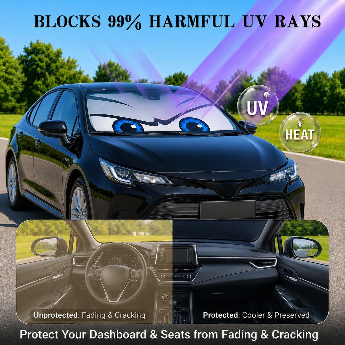 Car Windshield Sun Shade, Funny Cartoon Eyes Sun Visor for Car Windshield Universal Fits Sedan Compact Car Hatchback SUV, UV Heat Protection - 59 x 27.5