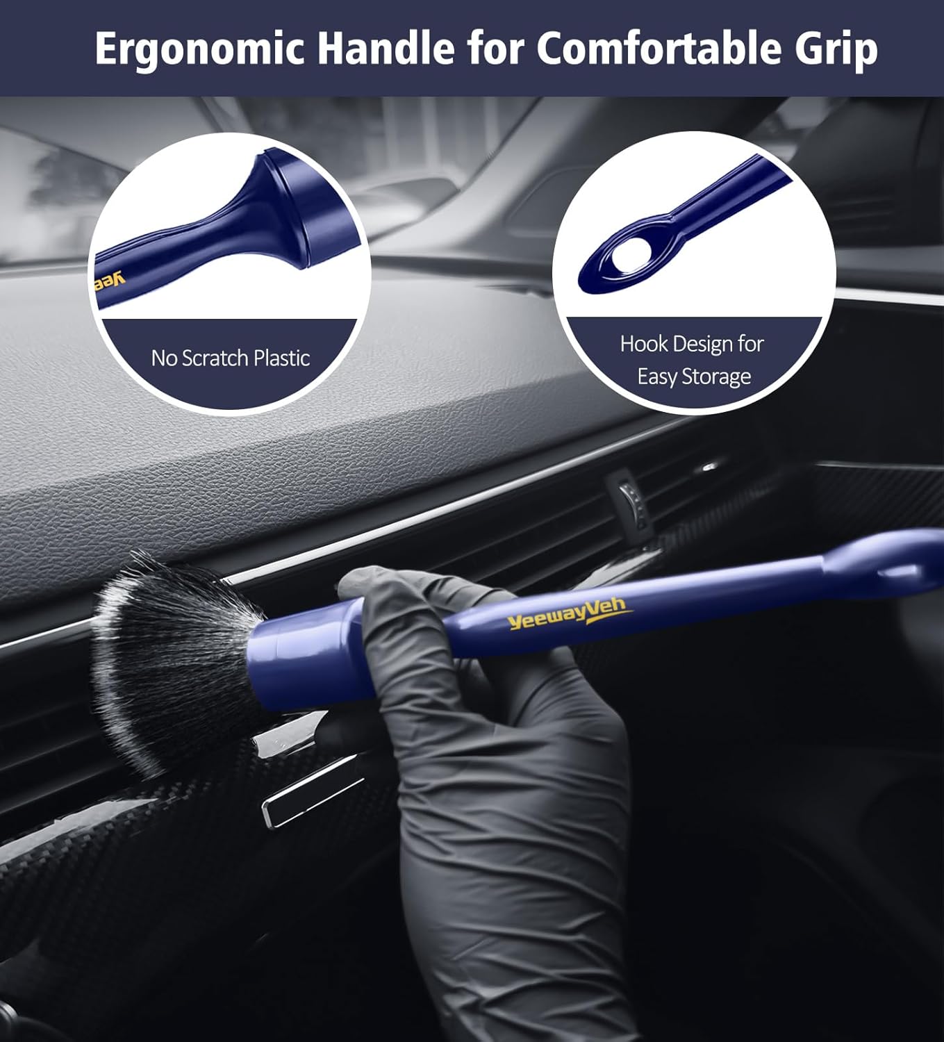 YeewayVeh Car Detailing Brush Set, 3 Pack Ultra Soft Boars Hair Detailing Brushes for Leather Seat Air Vents Engine Bay, Auto Detail Brushes Car Detailing for Interior Exterior, Indigo