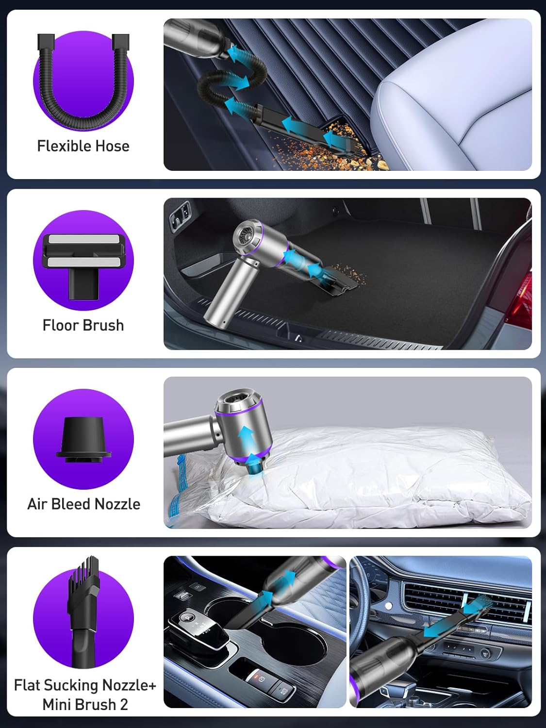 Vacuum/Air Duster 80,000RPM Super Power Mini Car Vacuum Cleaner 4-in-1 air Blower Gun Air Duster & Air Blower & Pump Hand Electric air Duster Handheld dust Blower Blower Cordless (Purple)