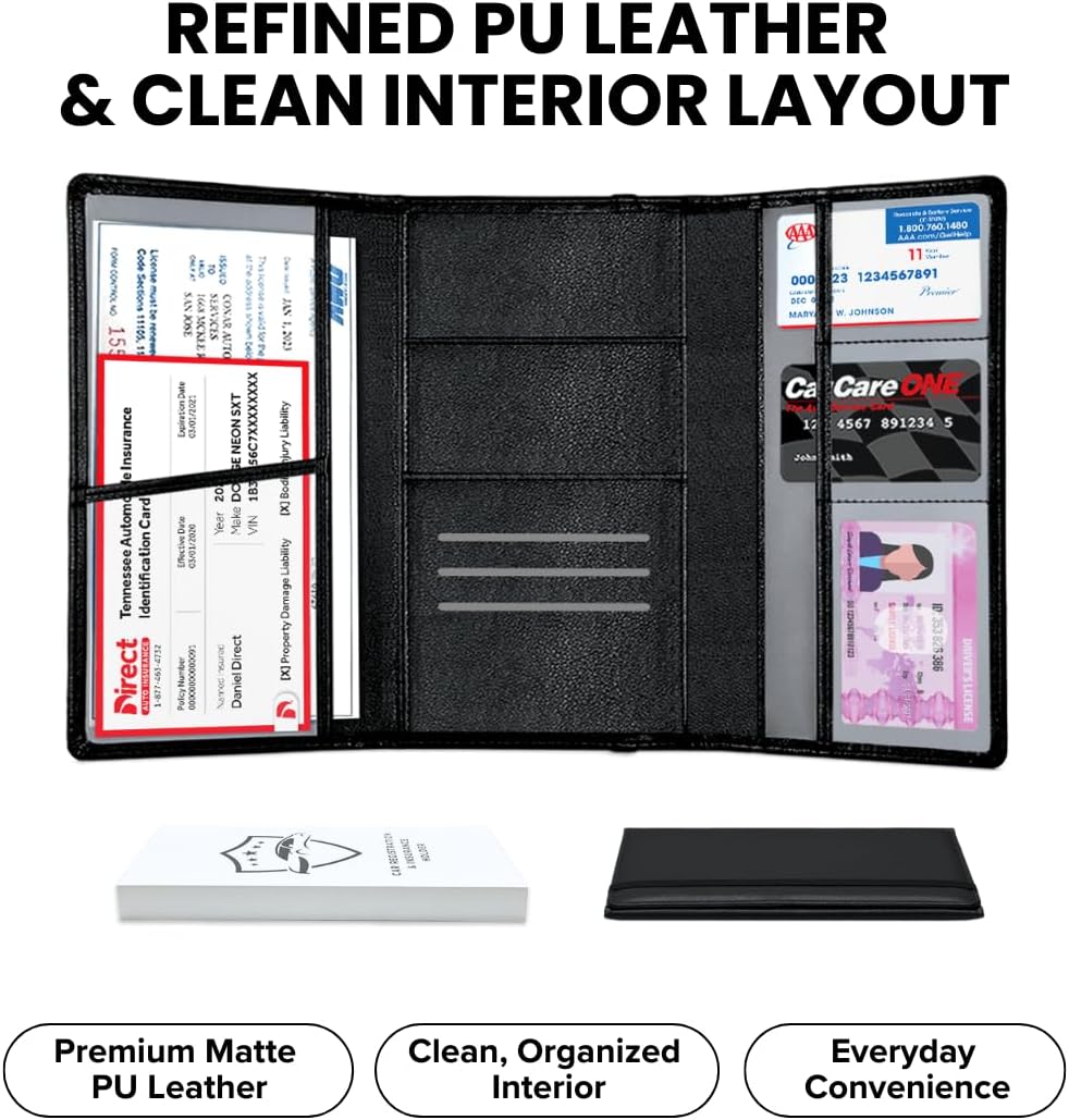 LINTRU Car Registration and Insurance Holder Trifold, Oversized Fit with Reinforced Construction, Matte PU Leather Vehicle Glove Box Organizer for Documents, Car Accessories for Men and Women