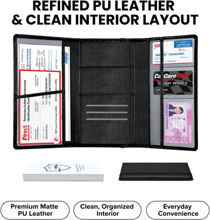 LINTRU Car Registration and Insurance Holder Trifold, Oversized Fit with Reinforced Construction, Matte PU Leather Vehicle Glove Box Organizer for Documents, Car Accessories for Men and Women