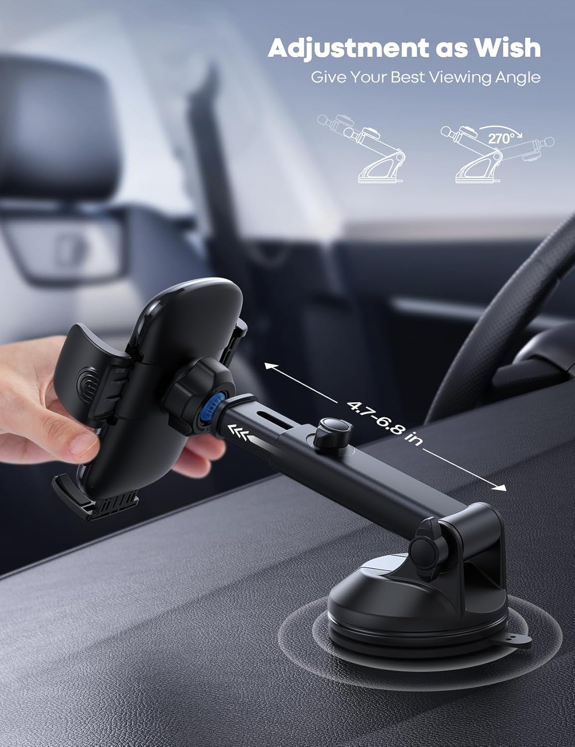 Lamicall Car Phone Holder - [Strongest Military-Grade Suction Cup] 360° Rotation Phone Holders for Your Car Quick Release Adjustable Phone Mount for Car Dashboard for iPhone 17 16 Pro Max Galaxy Truck