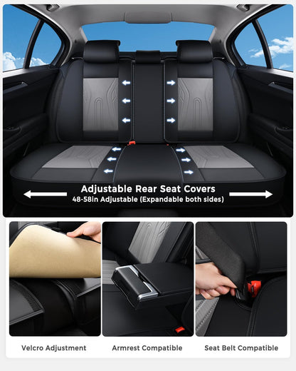 Huidasource Coffee Seat Covers Full Set, Universal Fit for Most Cars Trucks SUV, Full Coverage Leather Seat Cover, Airbag, Cupholder Compatible, Velcro Adjustable, Heaating/Cooling Function Retain