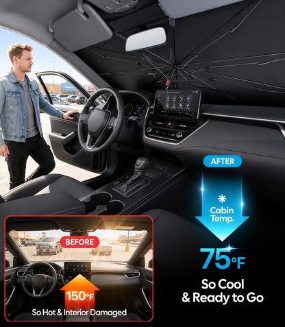 Wigoo Windshield Sun Shade Umbrella for Tesla Model Y [100% Sun Blockage, Ice Cooling Fabric] Foldable Heat Insulation Front Window Sunshade Umbrella for Tesla Model Y 2020–2026 (Juniper)