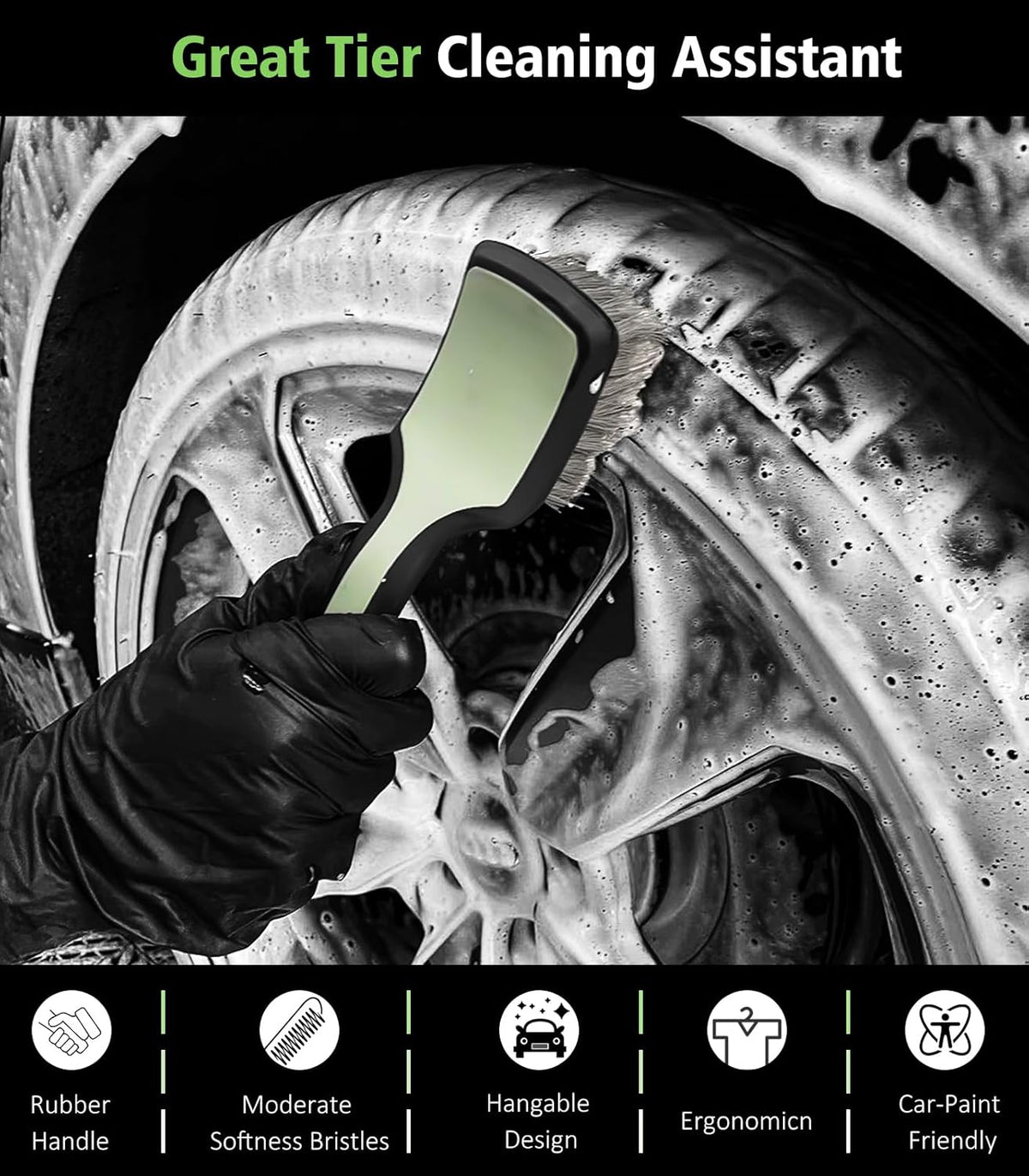 YeewayVeh 3PCS Quick Car Wheel Brush Kit, 2-Size 360° Bendale Rim Cleaner Brushes, Boars Hair Detailing Brush, Fast Scratch-Free Cleaning for Car Wheels, Motorcycle, Green