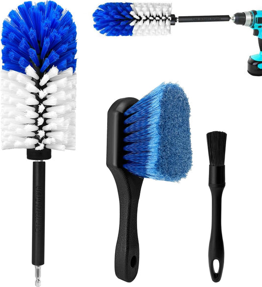 Car Wheel Brush Kit, Soft Drill Wheel Cleaner Brush, Tire Brush, Detailing Brush, and Detailing Pads, No Scratches Car Wheel Cleaning Kit for Wheels, Tires, Rims, Engines, Exhaust(Blue+White, 6 Pack)