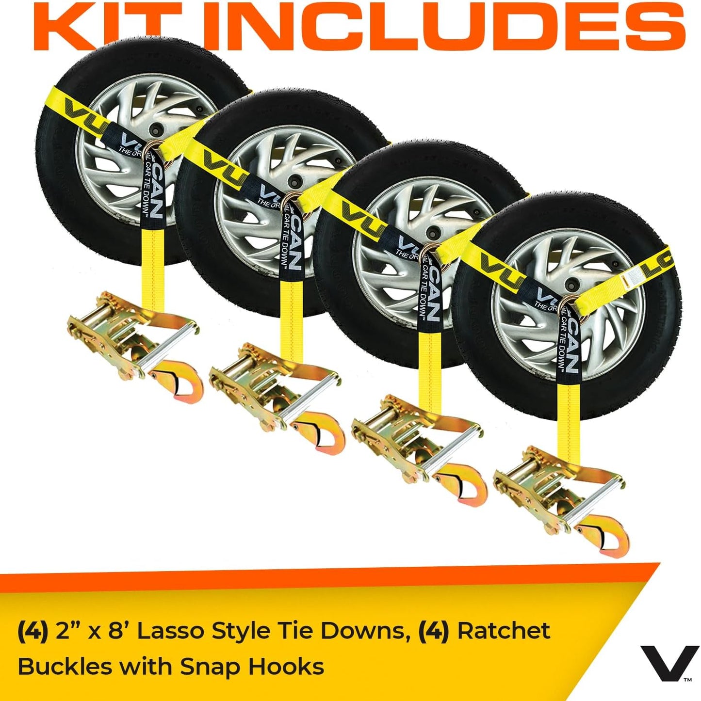VULCAN Car Tie Down with Flat Hooks - Lasso Style - 2 Inch x 96 Inch - 4 Pack - Silver Series - 3,300 Pound Safe Working Load