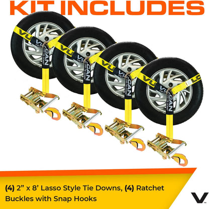 VULCAN Car Tie Down with Flat Hooks - Lasso Style - 2 Inch x 96 Inch - 4 Pack - Silver Series - 3,300 Pound Safe Working Load