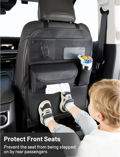 PU Leather Car Seat Back Organizer with Kick Mat Protectors, Tissue Box Storage, Cup Holder, Phone Holder for Road Trips. (Black)
