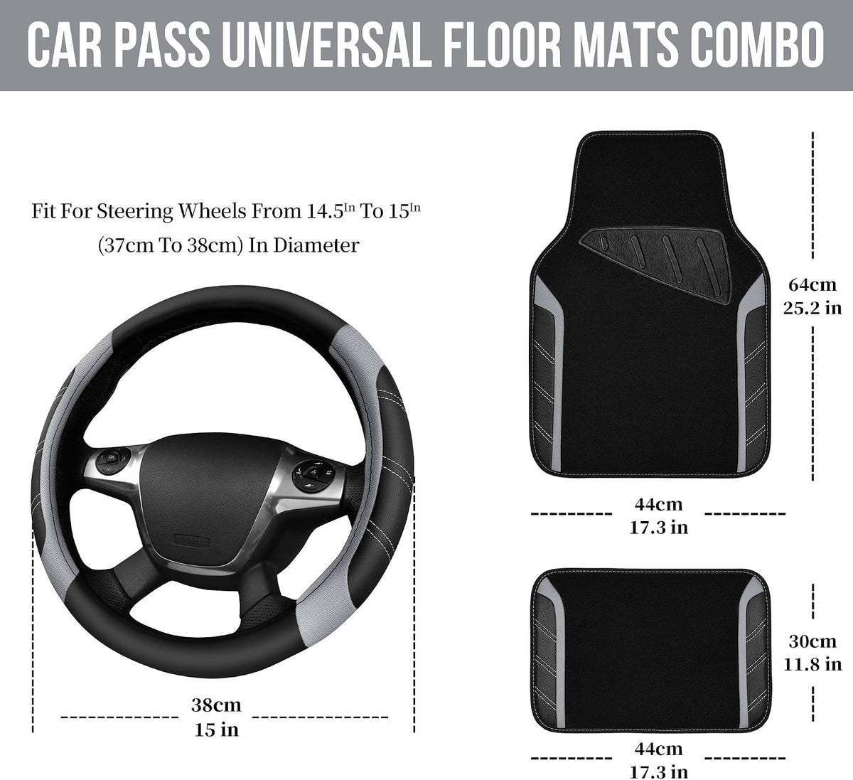 CAR PASS Air Mesh Leather Car Seat Covers Full Set, Waterproof Car Floor Mats, Sporty Steering Wheel Cover 14.5-15in, Universal Fits for 95% Cars Truck SUV (Black and Blue)