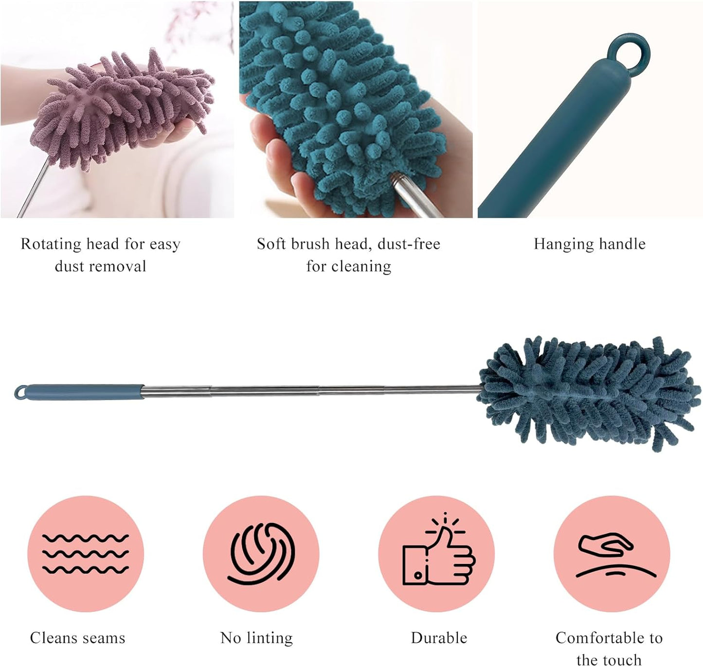 2PCS Car Interior Duster with Extension Pole, 11.8" to 30.5" Retractable Dusters Auto Dash Cleaning Tool, Soft Chenille Hand Washable Dusters for Car Window Furniture Office (Light Pink)