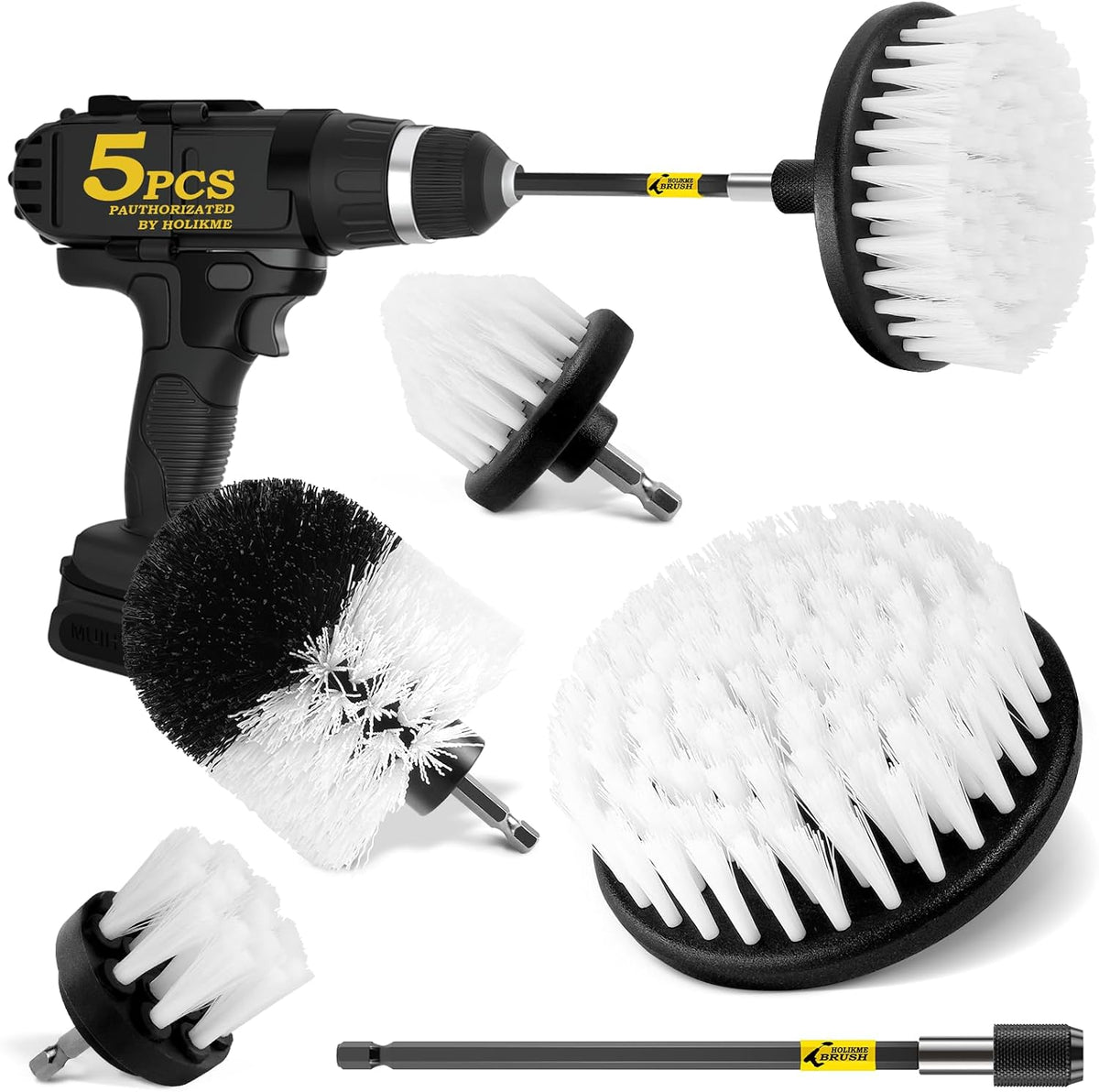 Holikme 5Pack Drill Brush Attachment Set-Car Interior Detailing Kit，Power Scrubber Brush Extended Long Attachment for Bathroom, Car，Shower，Carpet,Boat,Kitchen，Floor and Tile，White