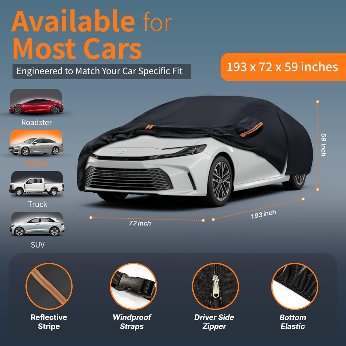 Car Cover Waterproof All-Weather,Outdoor Full Exterior Automobiles Sedan/Coupe (Length 186-193 inch) with Windshield Sun Shade Universal Fit Toyota Camry, Tesla Model 3, Accord etc