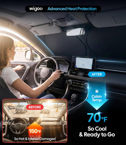 Wigoo Tesla New Model Y Accessories Windshield Sunshade [OEM Design, 100% Sun Blockage] Foldable Heat Insulation Sunshade with Storage Bag, for Model Y 2020~2026 (Juniper), Silver Coating - Colors A