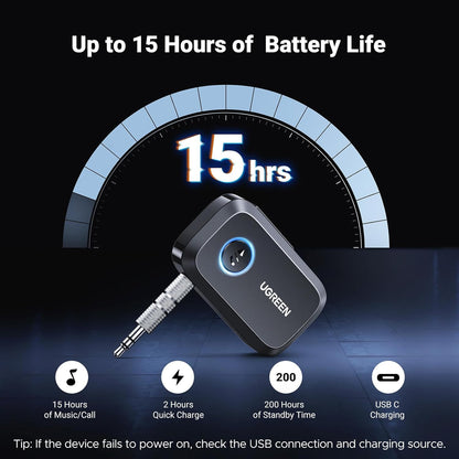 UGREEN Bluetooth 5.4 Car Adapter, Hands-Free Call & Noise Cancelling AUX to Bluetooth Adapter for Car, 3.5mm Audio Blue-Tooth Receiver for Cars Stereo Home Speaker - 15H Battery Life