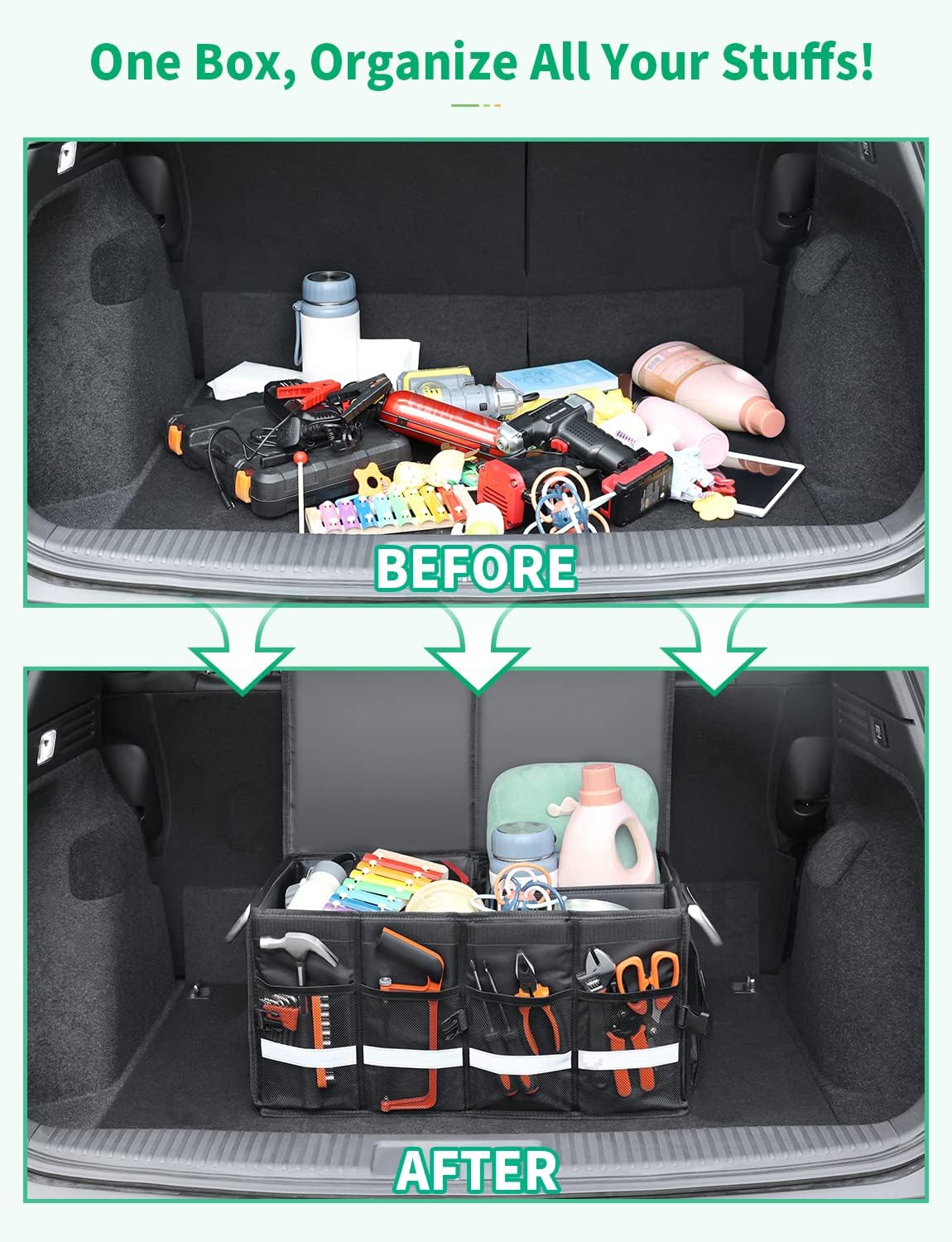 Oasser Car Trunk Organizer, 3 Compartments Collapsible Waterproof Car Organizer Storage with Foldable Cover, Reflective Strip, Non-Slip Bottom, 4 Mesh Pockets for SUV/Truck/Sedan/Camping/Road Trip
