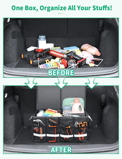Oasser Car Trunk Organizer, 3 Compartments Collapsible Waterproof Car Organizer Storage with Foldable Cover, Reflective Strip, Non-Slip Bottom, 4 Mesh Pockets for SUV/Truck/Sedan/Camping/Road Trip