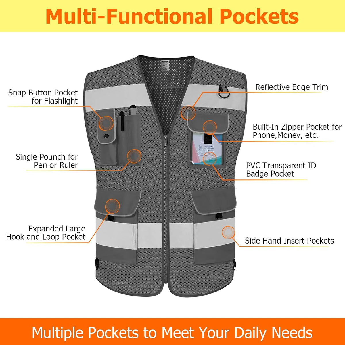 TCCFCCT Safety Vest for Men Women 9 Pockets High Visibility Vest for Safety, Reflective Work Vest with Reflective Strips, Meets ANSI/ISEA Standards, (Yellow, Large)