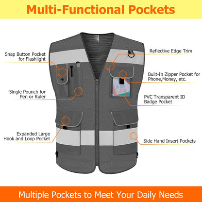 TCCFCCT Safety Vest for Men Women 9 Pockets High Visibility Vest for Safety, Reflective Work Vest with Reflective Strips, Meets ANSI/ISEA Standards, (Yellow, Large)
