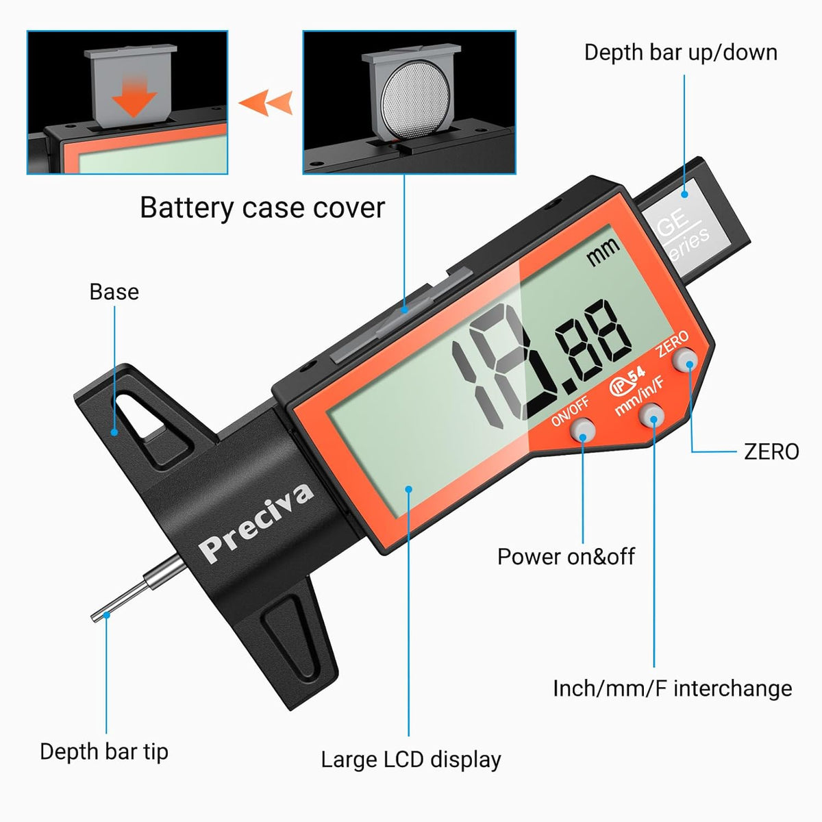 Preciva Tire Tread Depth Gauge, Digital Tire Depth Gauge with Large LCD Display and Inches, Millimeters, Fraction Conversion, Tread Depth Gauge Suitable for Thread Depth, Brake Shoe and Pad Wear