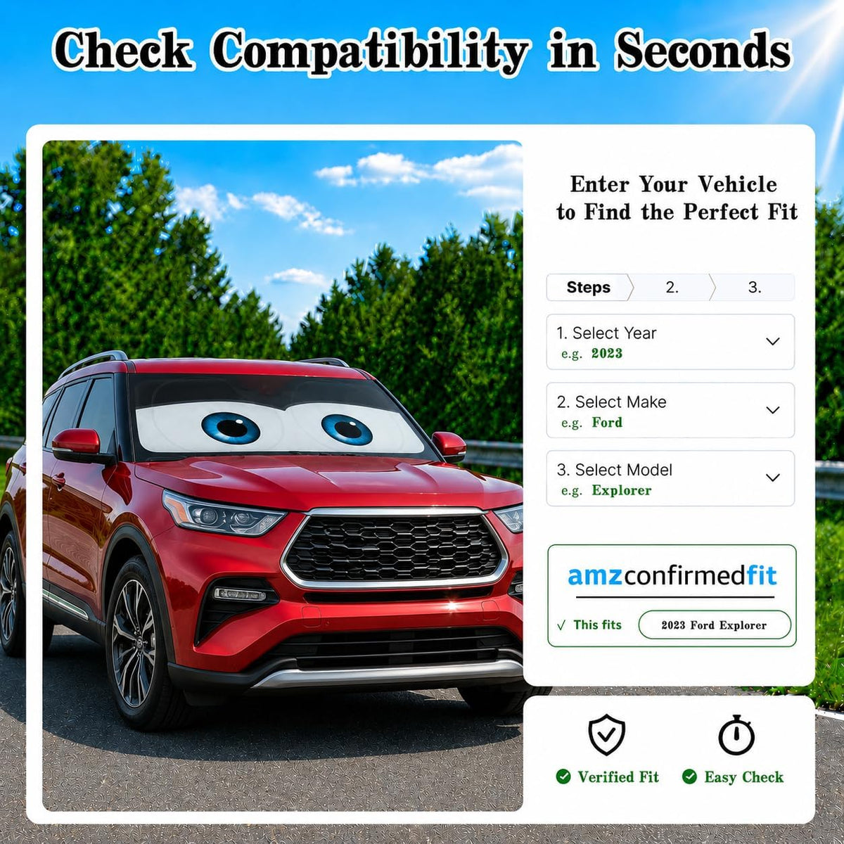 Car Windshield Sun Shade, Funny Cartoon Eyes Sun Visor for Car Windshield Universal Fits Sedan Compact Car Hatchback SUV, UV Heat Protection - 59 x 27.5