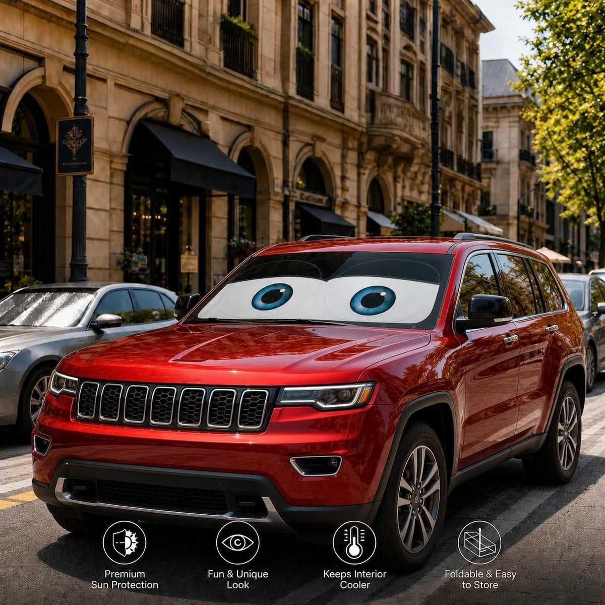 Car Windshield Sun Shade, Funny Cartoon Eyes Sun Visor for Car Windshield Universal Fits Sedan Compact Car Hatchback SUV, UV Heat Protection - 59 x 27.5