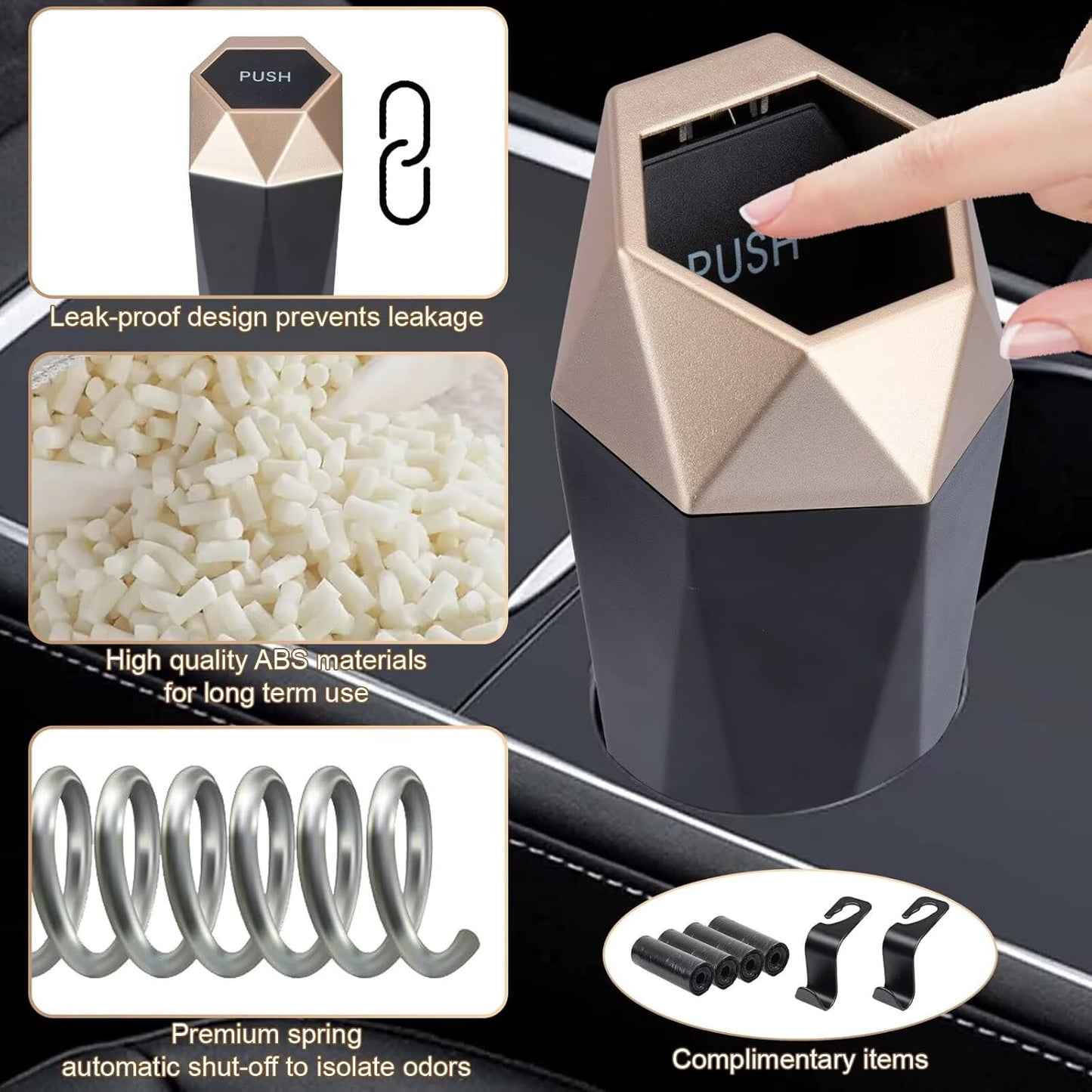 BFXM Car Trash Can, Car Trash Bin with Lid, Car Accessories for Women Interior, Car Garbage Can with Additional 2 ABS Hooks and 60pcs Trash Bags, Suitable for Home, Office, Car Organizer, Black