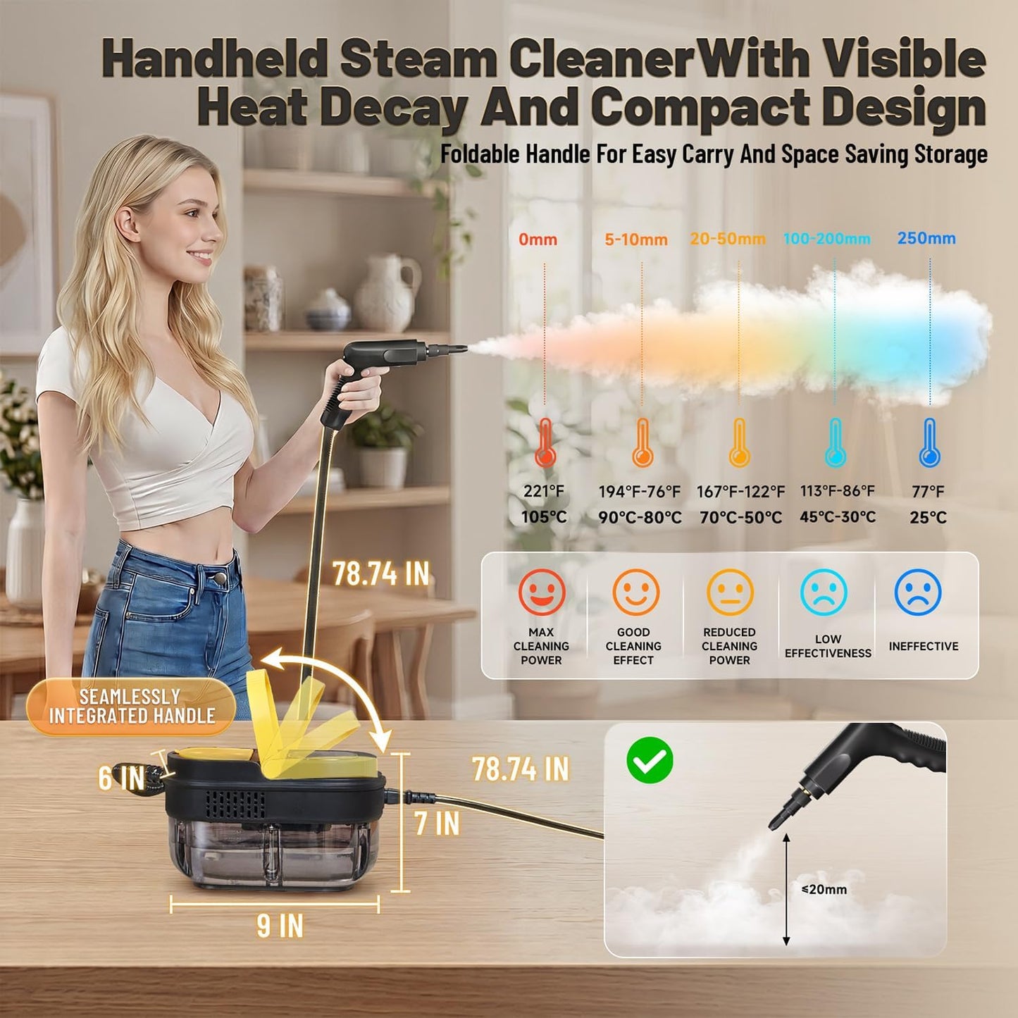 Gautye Steam Cleaner, 3 Level Adjustable Handle with 15 Accessories, Black | 15s Heat Up, 1.69 Quarts Tank, Handle Steam Cleaner for Home, Steamer for Cleaning for Kitchen, Grout, Dirt, Tile, Floor, Car