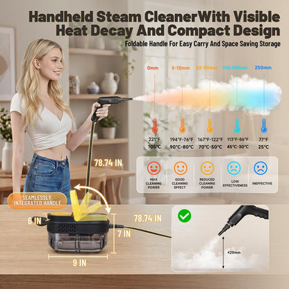 Gautye Steam Cleaner, 3 Level Adjustable Handle with 15 Accessories, Black | 15s Heat Up, 1.69 Quarts Tank, Handle Steam Cleaner for Home, Steamer for Cleaning for Kitchen, Grout, Dirt, Tile, Floor, Car