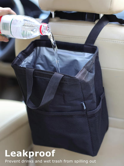 Ginsco New Leak-Proof Travel Car Trash Bag, 3.5 Gallons Large Capacity Hanging Car Trash Can with Hook and Loop Lid and Handle, Multipurpose Trash Bin with Storage Pockets for SUV RV Camping (Black)