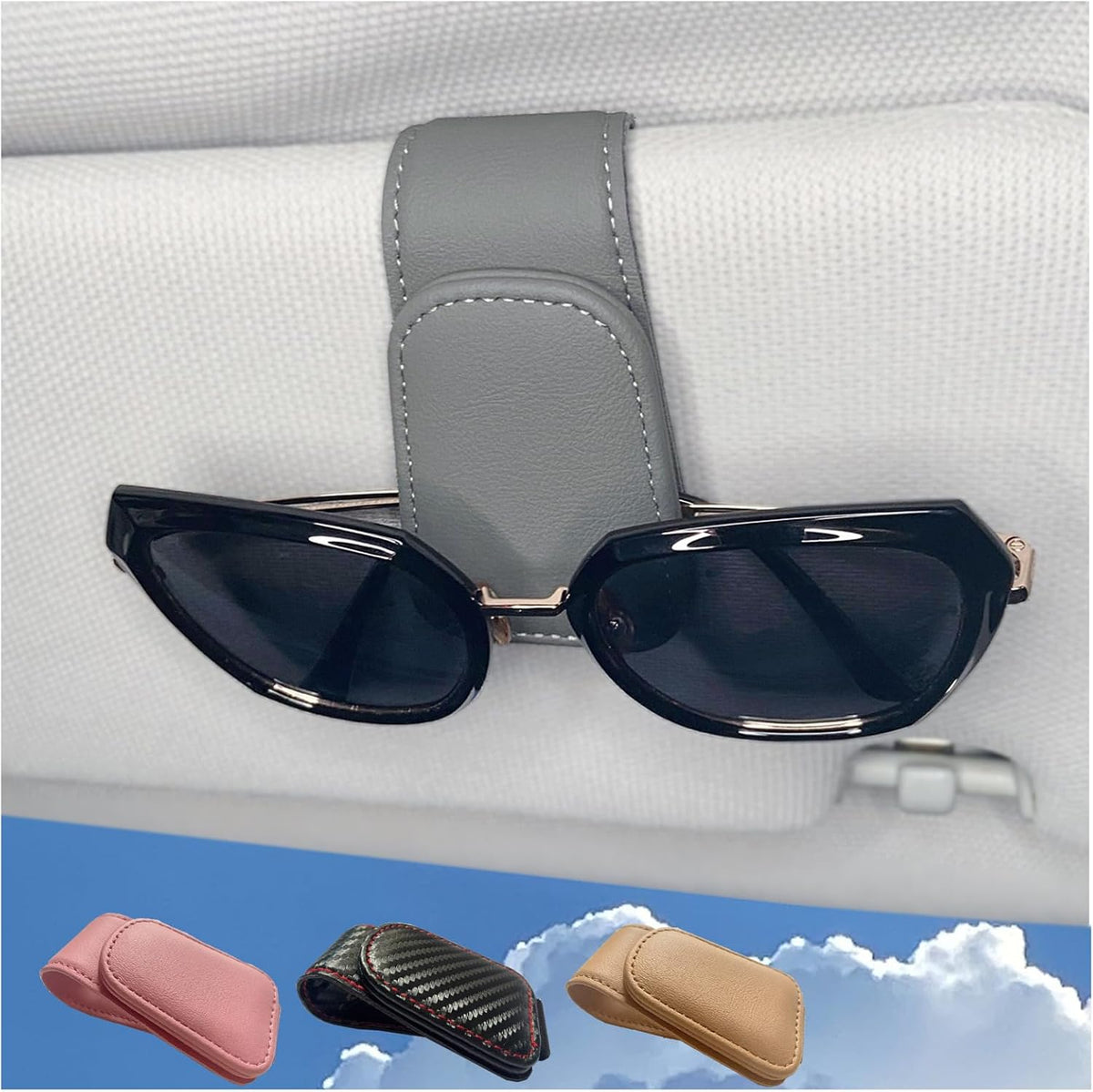 CHOSMOYI Magnetic Leather Sunglass Holder for Car, Sunglasses Clip for Car Visor, Auto Interior Accessories Universal for Different Size Eyeglasses (Black)