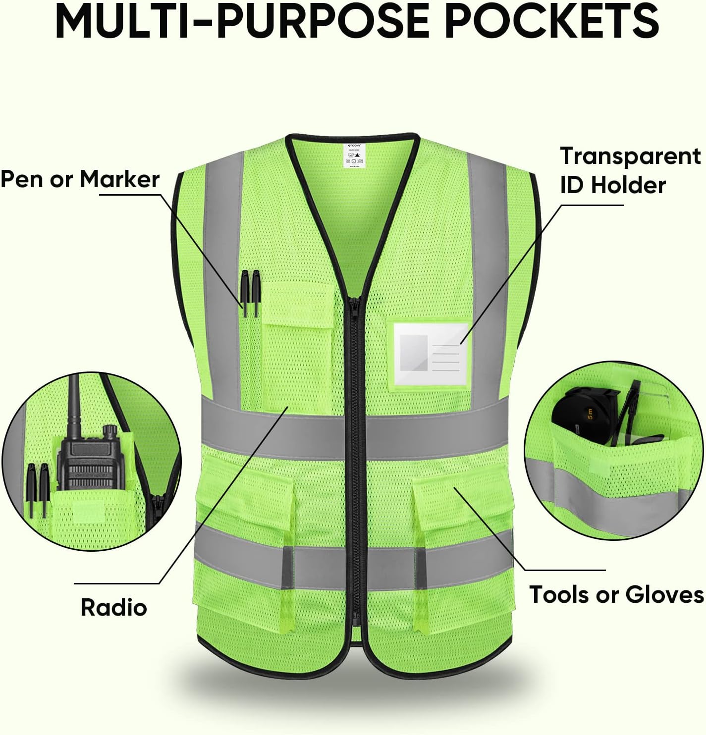 TICONN Reflective Safety Vest High Visibility Class II Mesh Vest for Women & Men Meets ANSI Standards