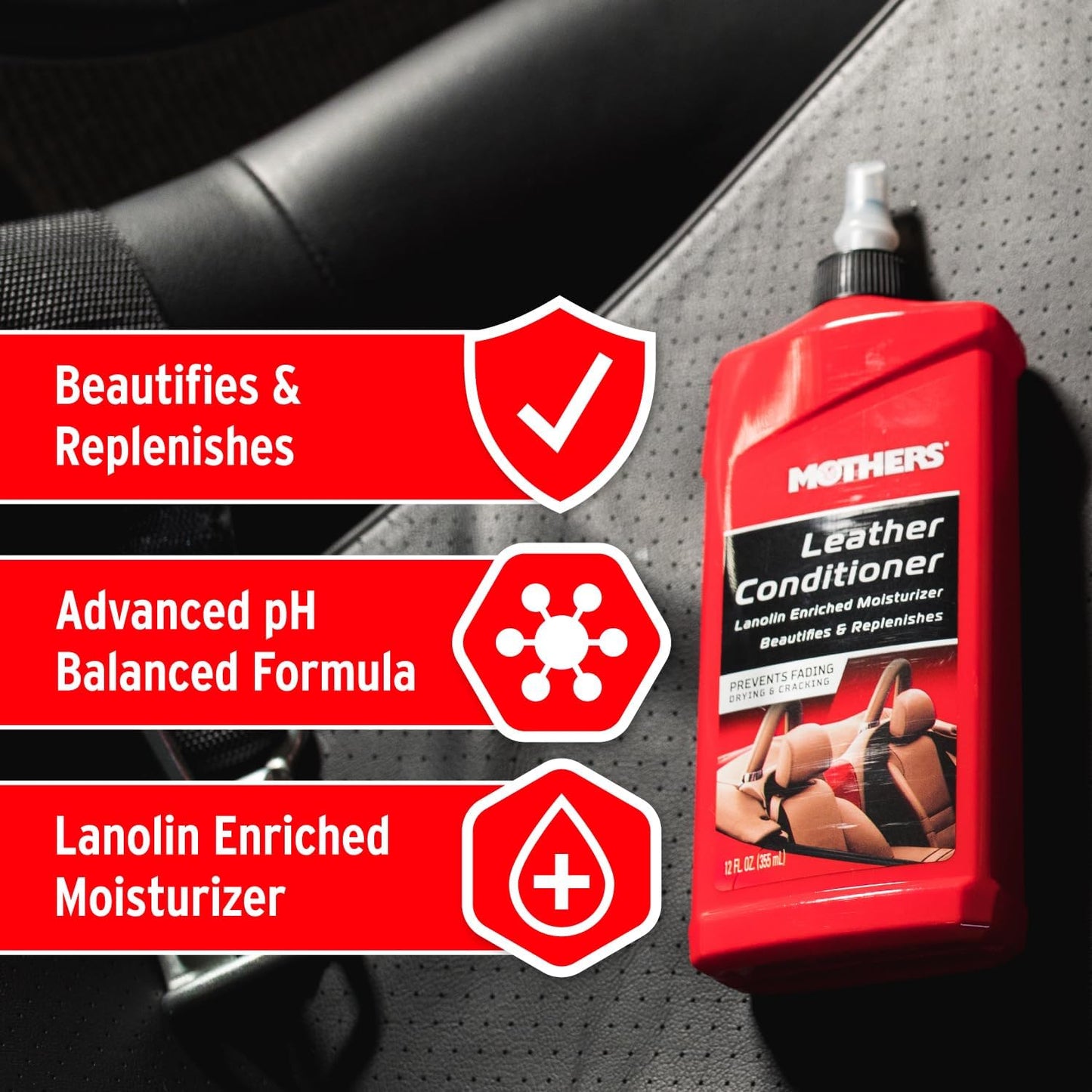 Mothers Leather Conditioner, 12 oz. — Advanced pH Balanced Formula with Lanolin & Neatsfoot Oil, Replenishes Natural Oils Lost to Heat & Sun, Protects & Prevents Fading, Drying & Cracking (06312)