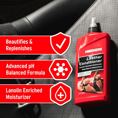 Mothers Leather Conditioner, 12 oz. — Advanced pH Balanced Formula with Lanolin & Neatsfoot Oil, Replenishes Natural Oils Lost to Heat & Sun, Protects & Prevents Fading, Drying & Cracking (06312)