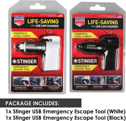 Ztylus Stinger Car Emergency Escape Tool, Spring-Loaded Window Breaker, Car Safety Hammer, Seatbelt Cutter and Window Glass Breaker, USB Car Charger, 2 USB Ports Max 2.4A (Black)