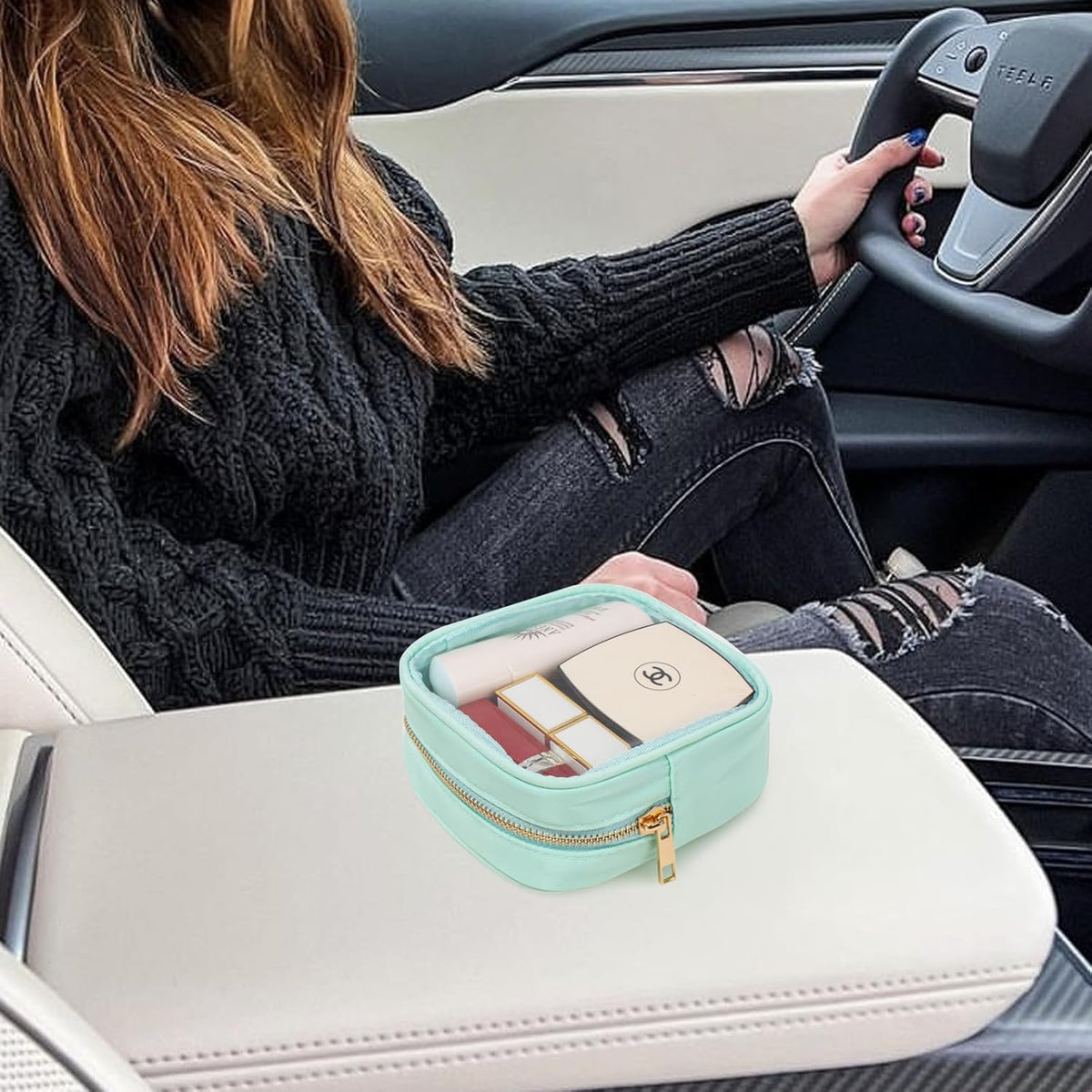 Small Clear Makeup Bag for Purse Small Cosmetic Bag Travel Size Toiletry Bags Cute Travel Makeup Bag,Coin Purse,Car Asscessories Organizer Storage Travel Essentials for Women Girls(Clear-Beige)