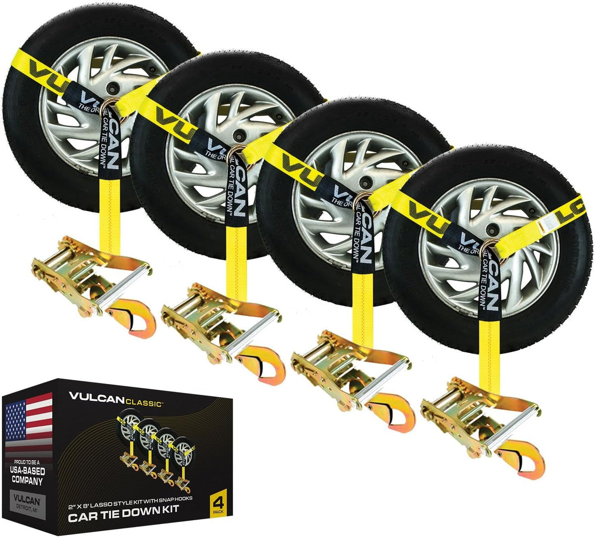 VULCAN Car Tie Down with Flat Hooks - Lasso Style - 2 Inch x 96 Inch - 4 Pack - Silver Series - 3,300 Pound Safe Working Load