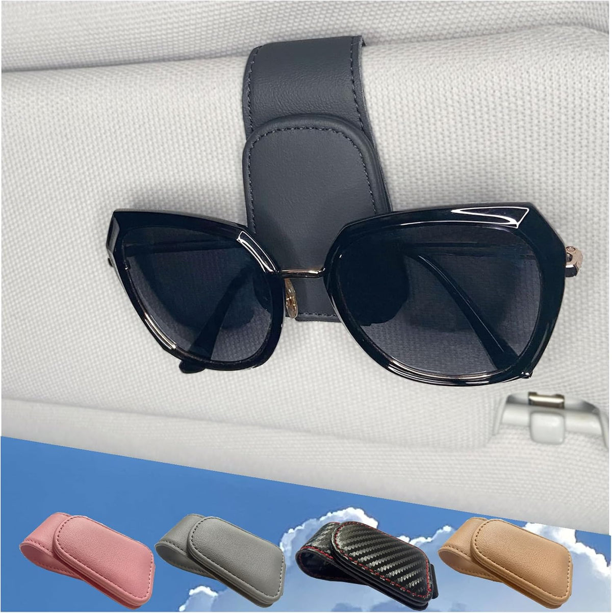 CHOSMOYI Magnetic Leather Sunglass Holder for Car, Sunglasses Clip for Car Visor, Auto Interior Accessories Universal for Different Size Eyeglasses (Black)