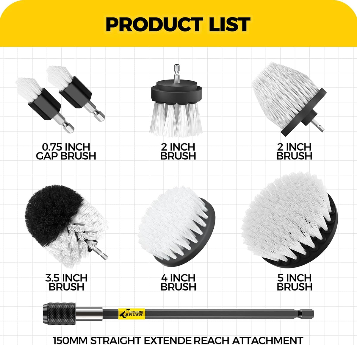 Holikme 8 Piece Drill Brush Attachments Set, Power Scrubber with Extend Long Attachment，Cleaning Supplies for Bathtub, Shower, Grout, Tile(Yellow)