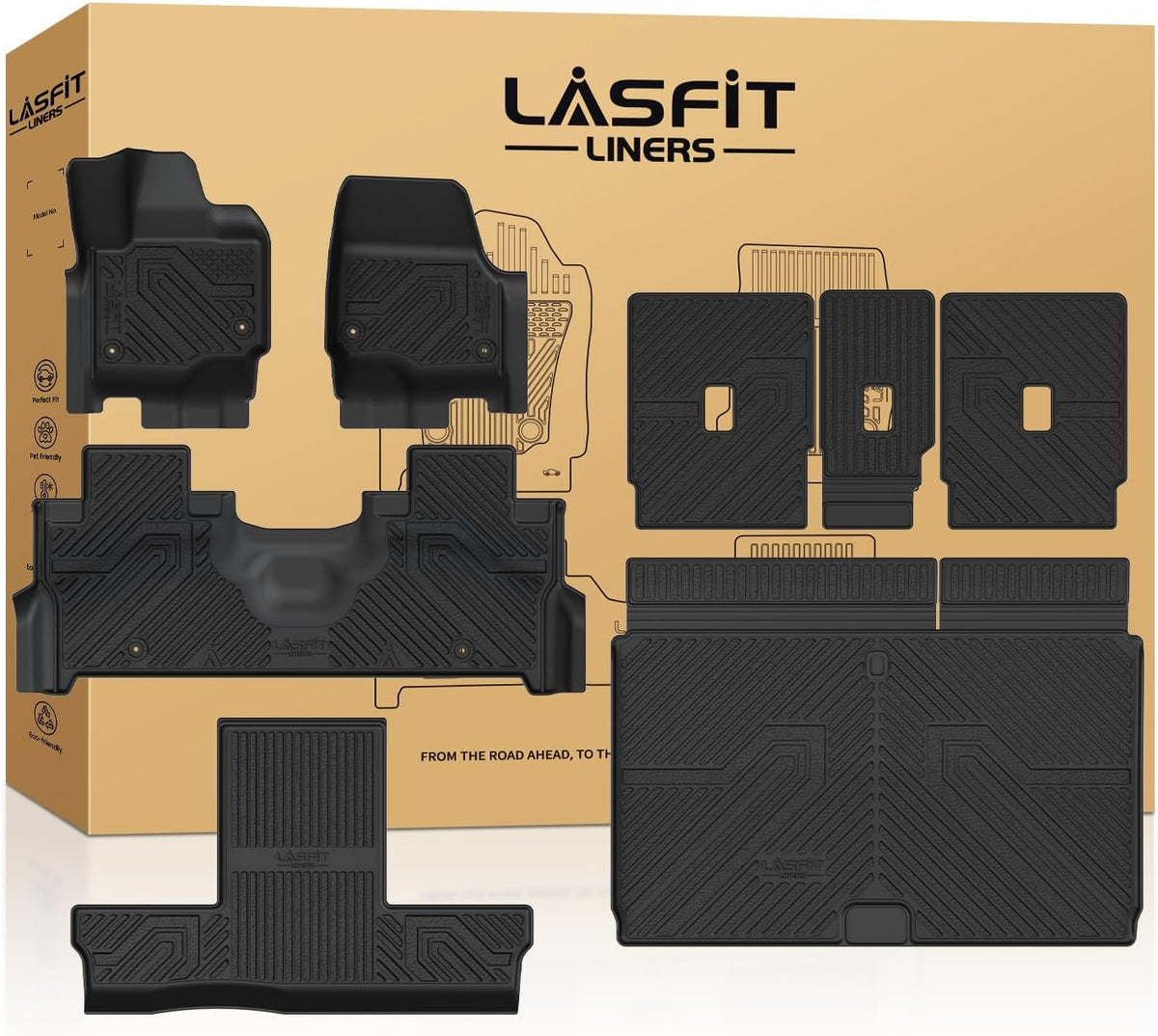 LASFIT Floor Mats for Ford F-150 2021-2026 | F150 Lightning 2022-2025 SuperCrew (Rear w/Fold Flat Storage) Carpet Floor All Weather Car Liners TPE Truck Mats - 1st and 2nd Row, 3pcs Black