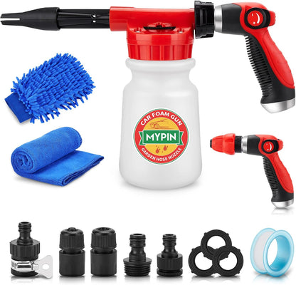 Car Wash Foam Gun/Hose Sprayer, 16 IN 1 Cannon, Adjustable with 2.5-6 Ratio Dial Foam Blaster, 1L Bottle, Nozzles, Mitten, 1/2” Quick Connector for Garden Hose, for Car/Garden Cleaning