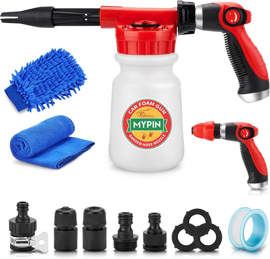 Car Wash Foam Gun/Hose Sprayer, 16 IN 1 Cannon, Adjustable with 2.5-6 Ratio Dial Foam Blaster, 1L Bottle, Nozzles, Mitten, 1/2” Quick Connector for Garden Hose, for Car/Garden Cleaning