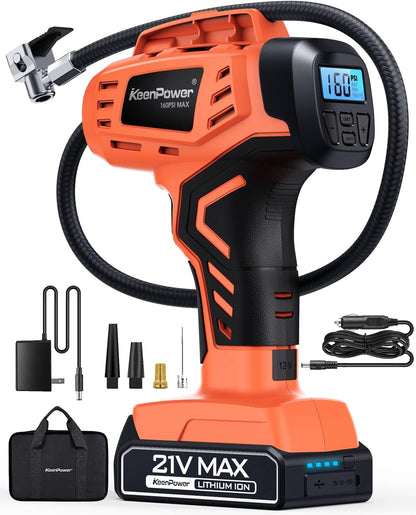 KeenPower Tire Inflator Portable Air Compressor - Super Fast - 21V Rechargeable Battery Powered Handheld 160PSI Tire Inflator, Dual Power Supply Modes, Portable Air Pump for Car Motorcycle E-Bike