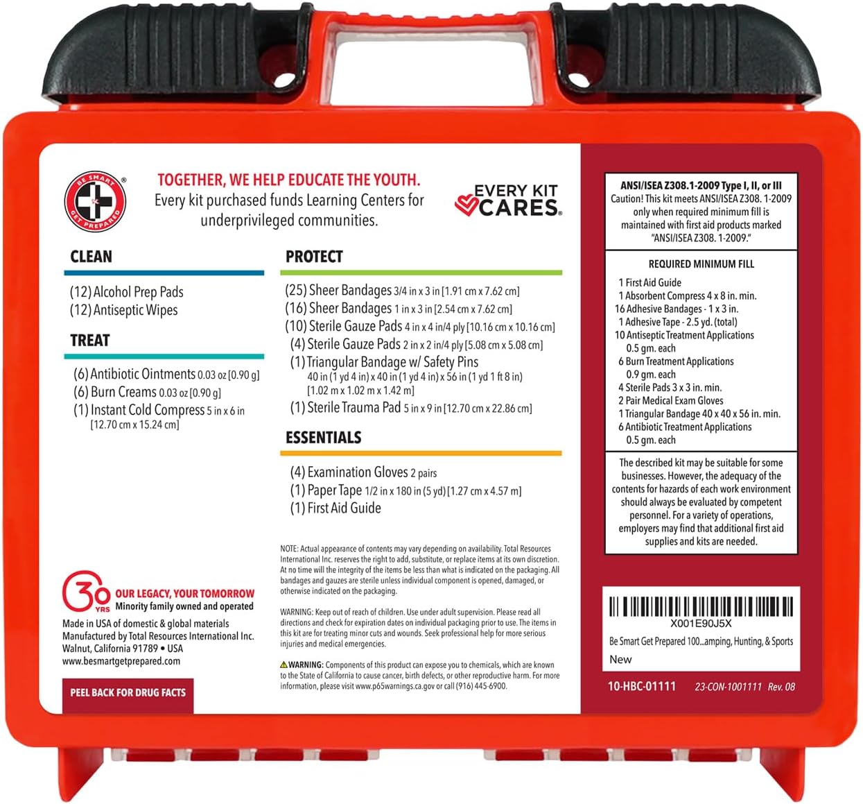 Be Smart Get Prepared OSHA/ANSI First Aid Kit - 10 Person, 100 Pieces - Designed for Home, Business, School, Industrial, and Restaurants - Compact & Portable