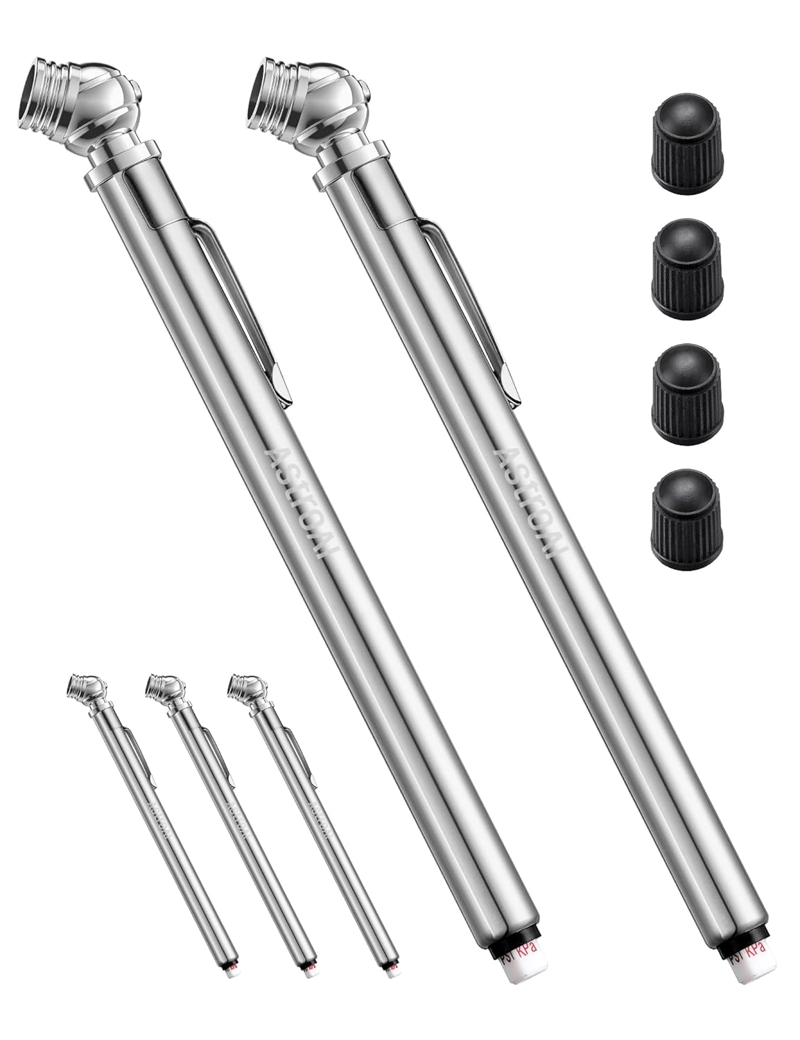 AstroAI Pencil Tire Pressure Gauge 2 Pack 10-75PSI, Calibrated to ANSI B40.1 Grade B (2%), Stainless Steel Body, Car Accessories with 3 Measurements for Cars, Bikes, Vehicles