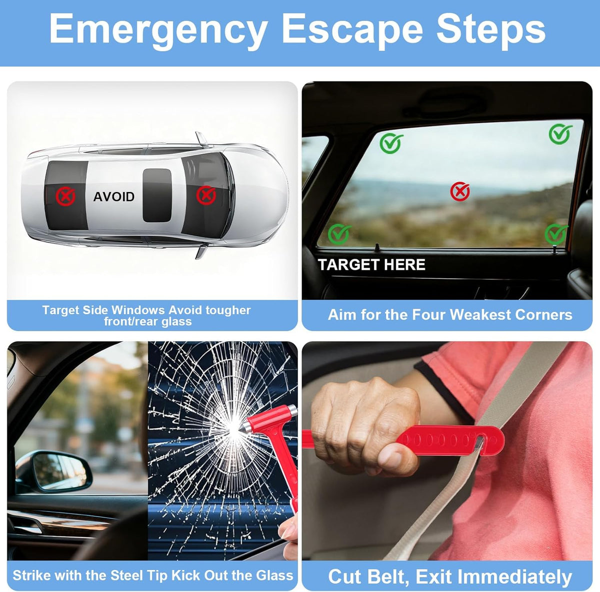 2-Pack Car Glass Window Breaker and Seatbelt Cutter, Emergency Escape Tool for Vehicle, Safety Hammers with Compact Dual-Steel Head Design for Quick Breakage (2)