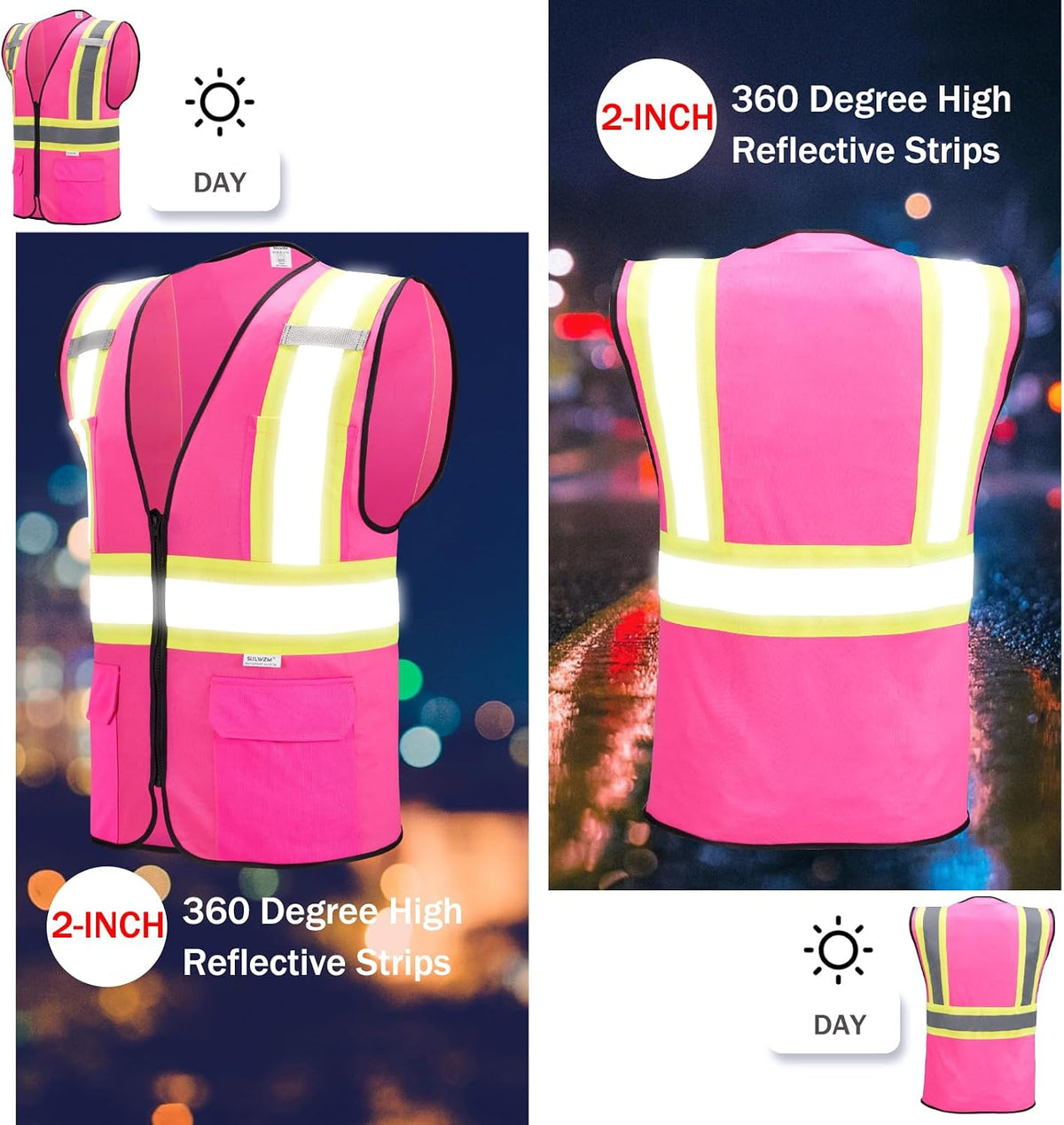 High Visibility Reflective Safety Vest with Zipper and Pockets Orange,M
