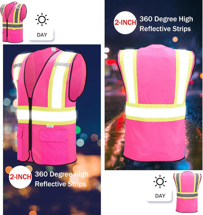 High Visibility Reflective Safety Vest with Zipper and Pockets Orange,M