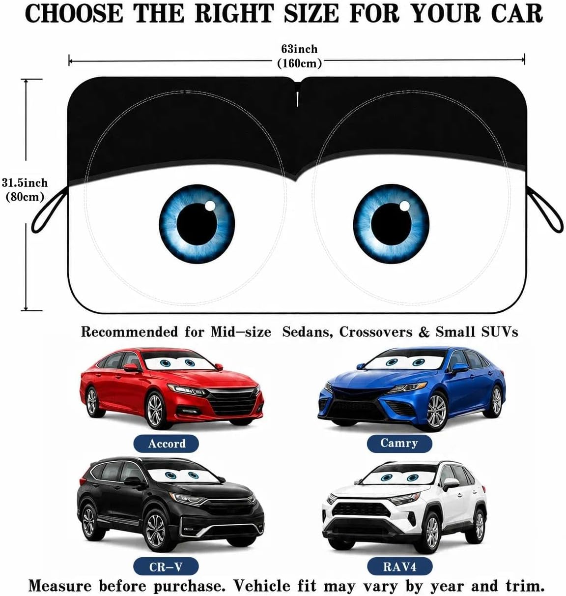 Car Windshield Sun Shade, Funny Cartoon Eyes Sun Visor for Car Windshield Universal Fits Sedan Compact Car Hatchback SUV, UV Heat Protection - 59 x 27.5
